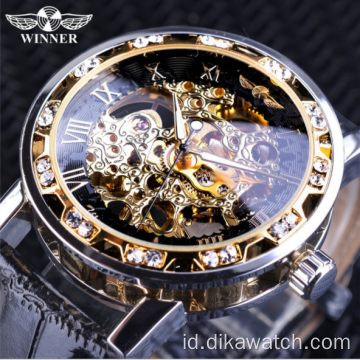 Pemenang Merek Terbaik Fashion Golden Retro Watch Mens Mekanik Skeleton Diamond Display Mewah Jam Tangan Jam Relogio Masculin